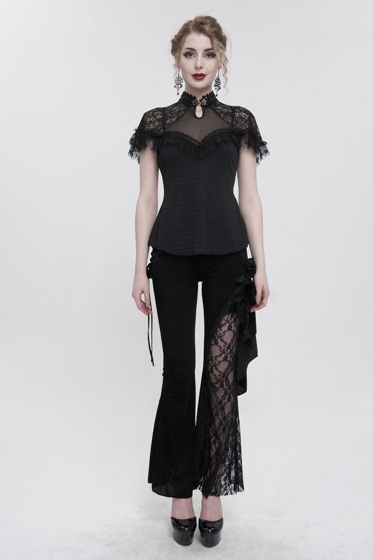 Women's Gothic Cheongsam-Style Slim T-Shirt with V-Neck and Raglan Mesh Sleeves
