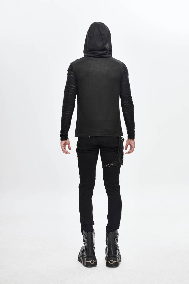 Men's Punk T-Shirt with Hood and Metal Button Striped Patchwork
