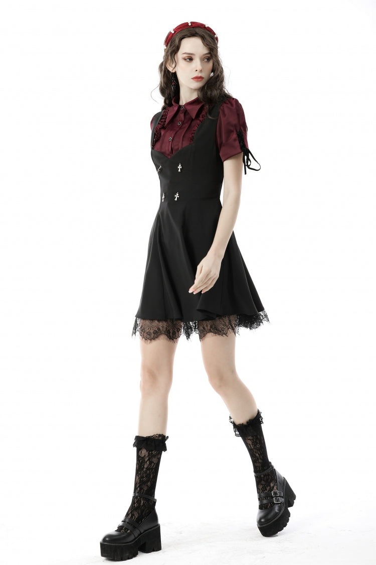 Burgundy Point Collar Short Puff Sleeve Ruffled Gothic Elegant Women's Blouse