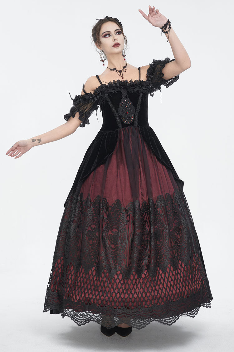 Crimson Gothic Dress with High Waist and Floral Lace Print