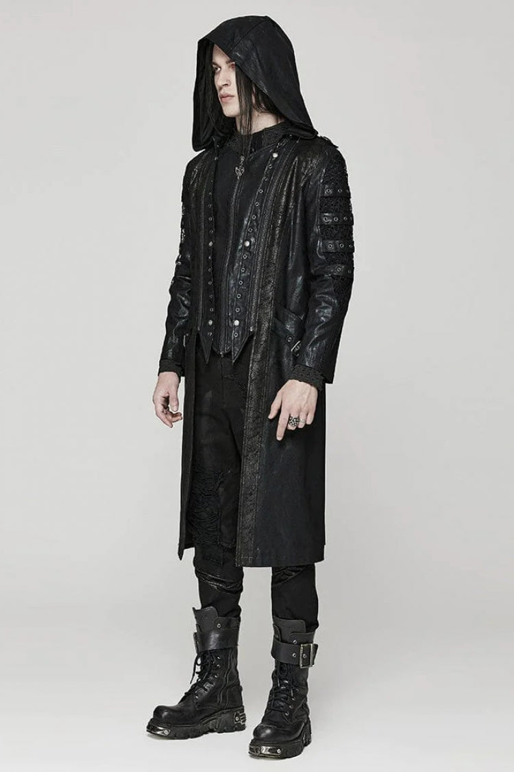 Men's Steampunk Coat with Crackled Mesh, Hollow Stitching and Hood