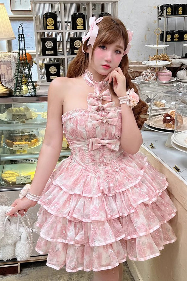 Broken Silver Rose Halterneck Tiered Dress, Multi-Layered Ruffle Bowknot Princess