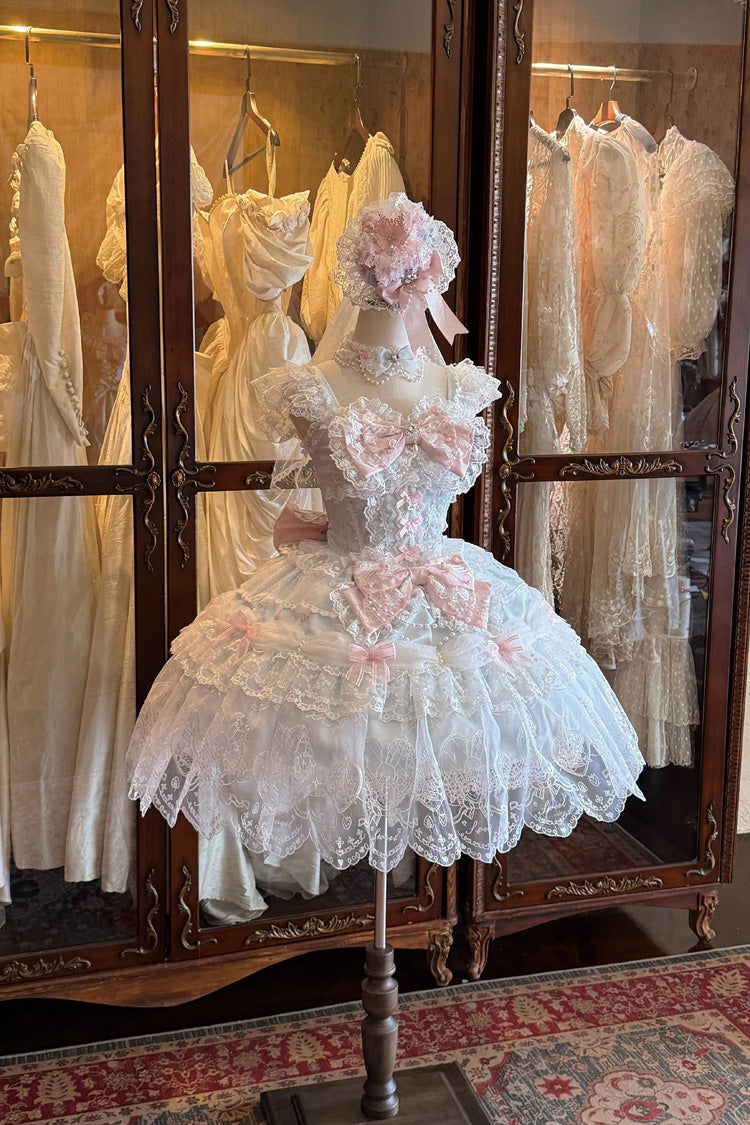 Square Collar Flutter Sleeves Jacquard Ruffled Bow Princess JSK - Bunny Dream Letter