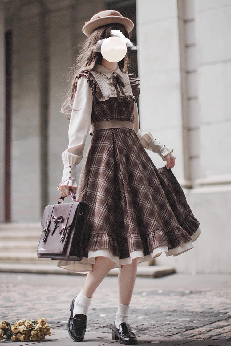 Vintage College Style Lolita Dress with Ruffle Sleeves and Print