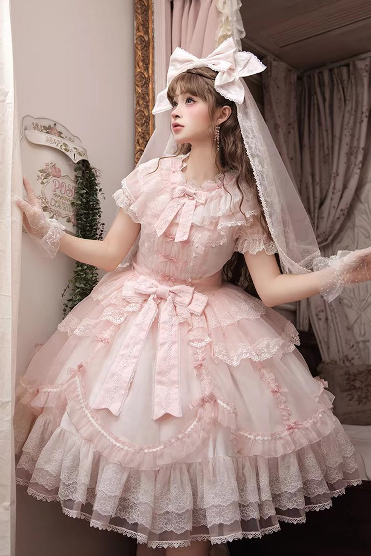 Candy Flavor Round Collar Short-Sleeve Ruffle Bow Lace Elegant Lolita OP