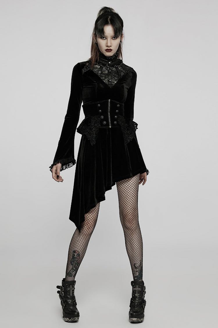 Flared Bell Sleeve Lace Patch Asymmetrical Gothic Gown - 2 Colors