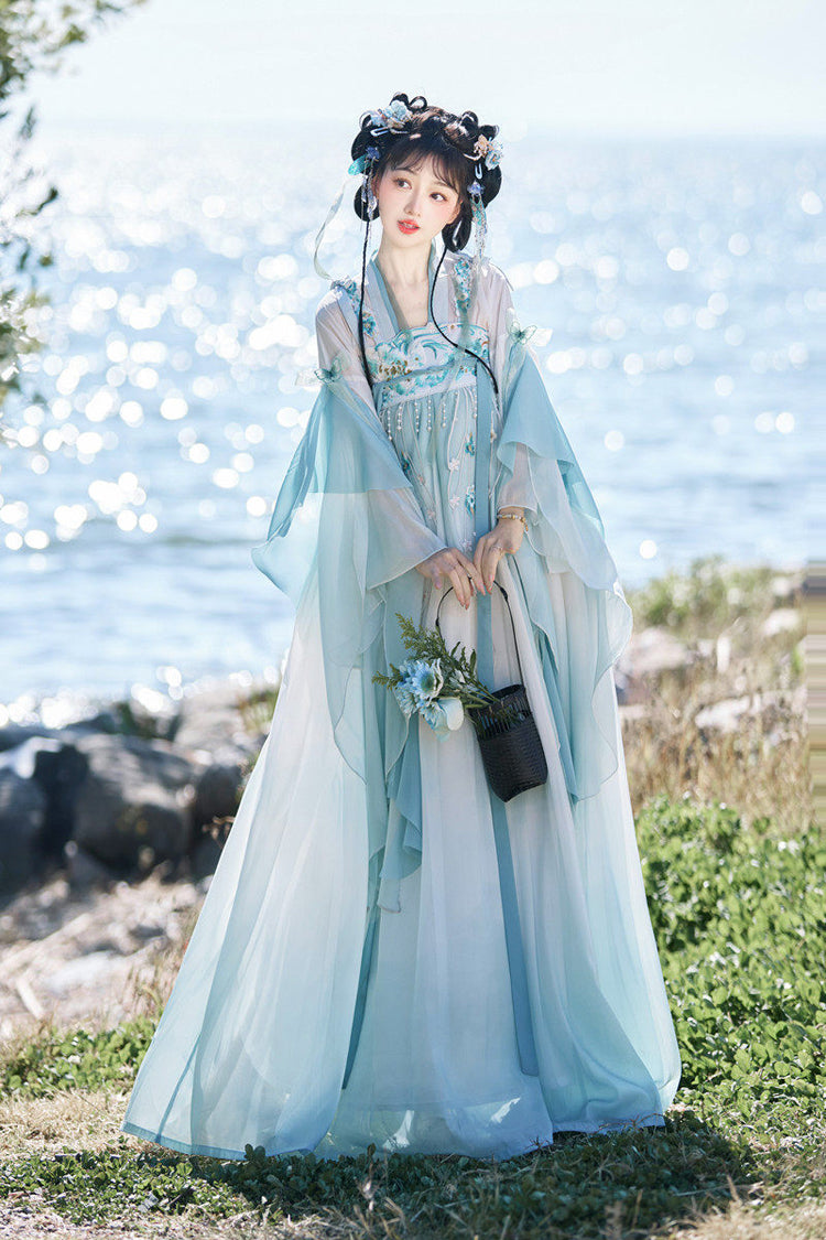 High-Waisted Embroidered Lace Hanfu Full Ensemble - Blue Ocean