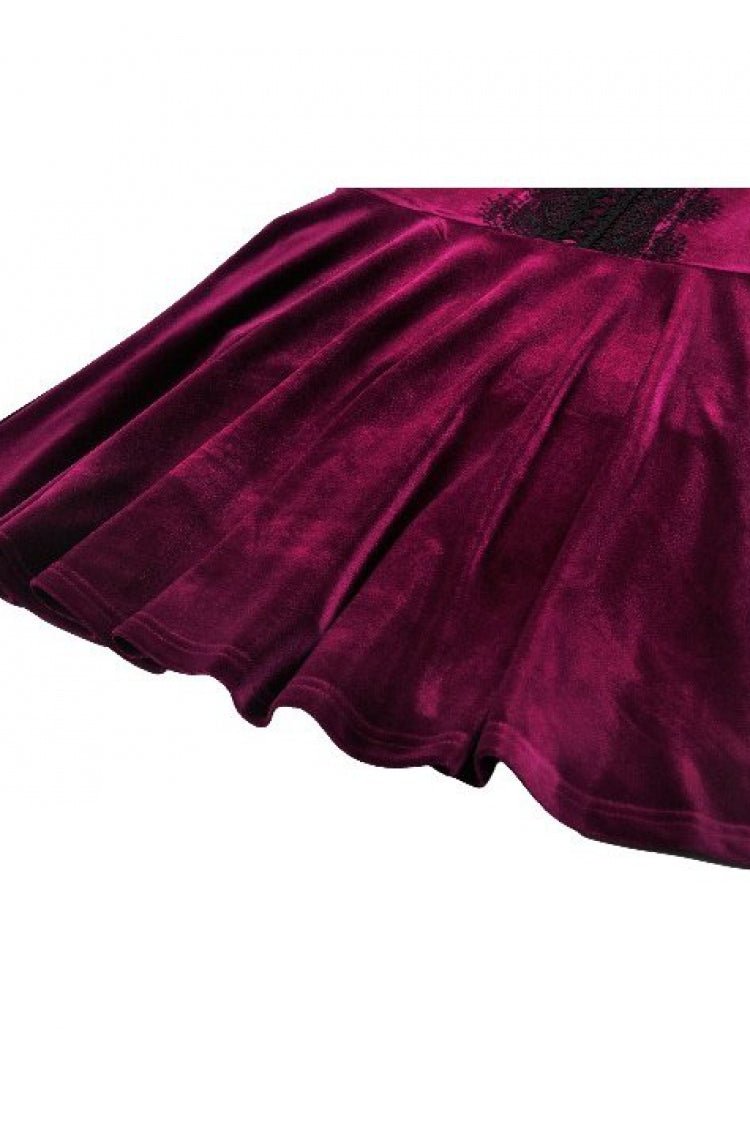 Burgundy Square Collar Short Puff Sleeve Velvet Patchwork Lace Lace-Up Gothic Dress