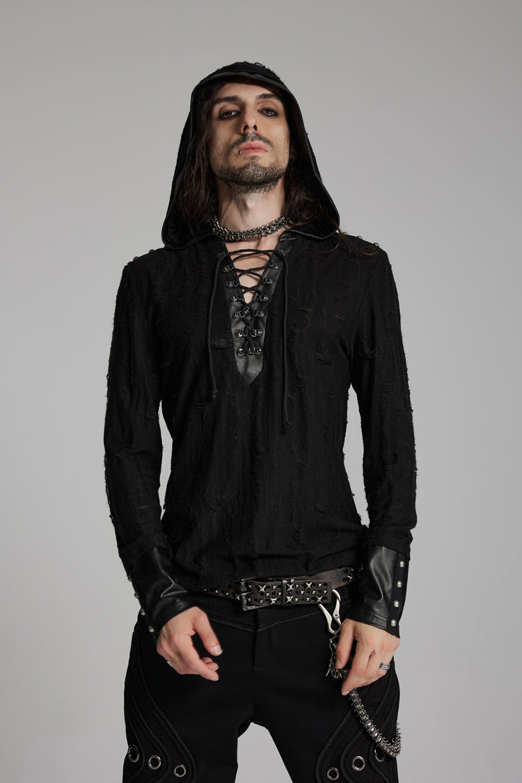 Punk Tee for Men with Lace-Up, Hood, Studs, and Eyelets, Extended Sleeves