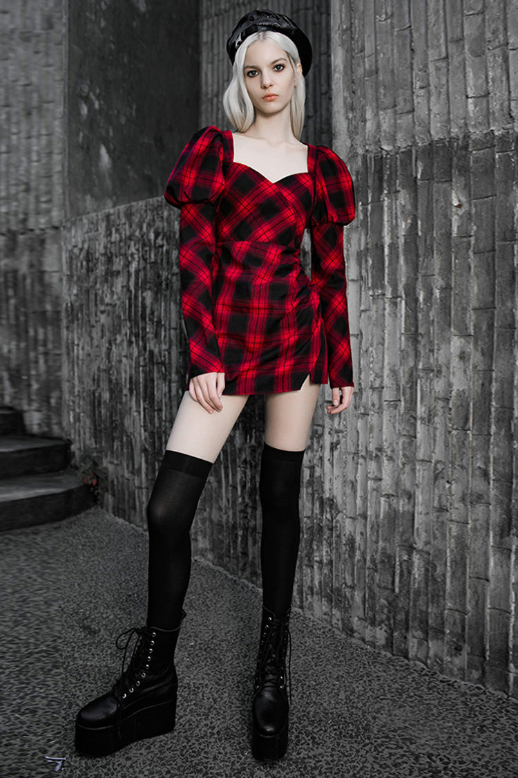 Crimson Noir Lattice High-Waist Belted Steampunk Dress with Long Sleeves
