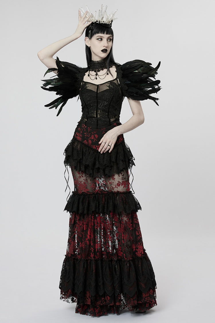 Crimson Noir Layered Ruffle Hollow Lace Gothic Skirt for Women
