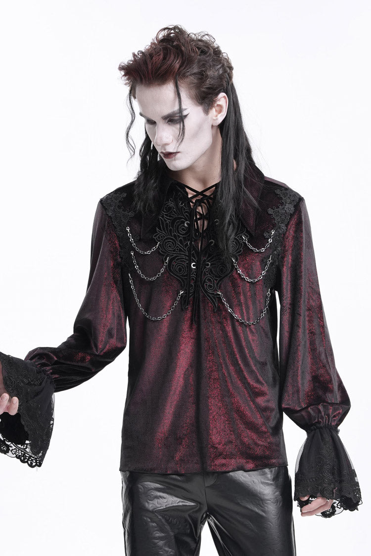 Burgundy V-Neck Long Sleeve Lace-Up Chain Gothic Men's Blouse
