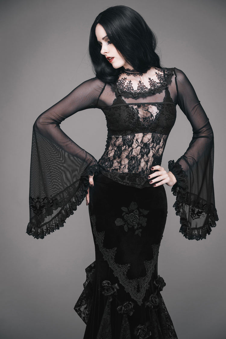 Gothic T-Shirt with Big Flare Sleeves Rose Lace and Mesh Collar