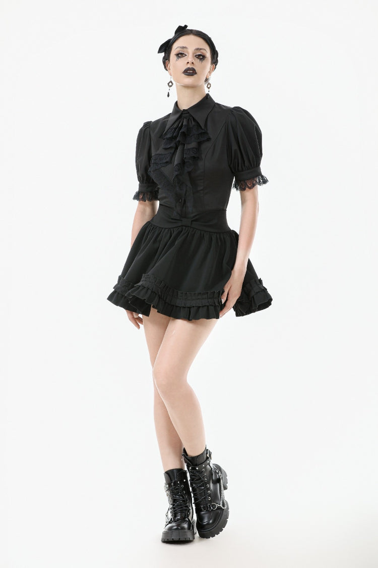 Lapel Collar Puff Sleeve Blouse with Removable Cravat - Gothic Edge