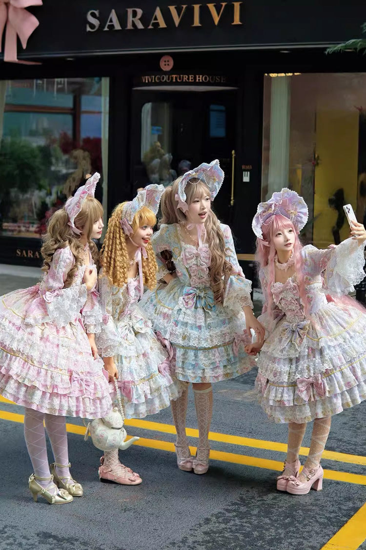 Candlelight Elegance Long Trumpet Sleeve Multi-Layer Ruffle Bow Lace Elegant Lolita Dress