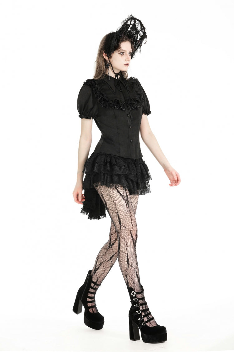 Ruffled Gothic Blouse with Puff Sleeves and Collar - Gothic Edge