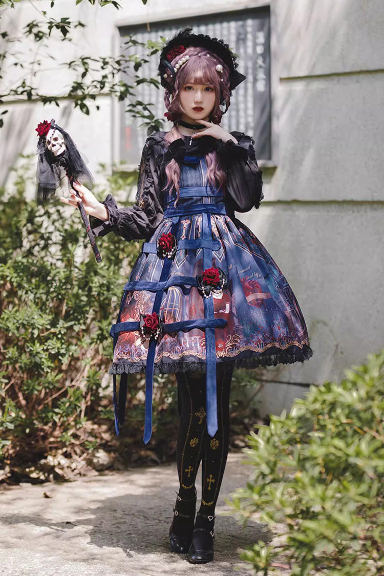 Punk Lolita JSK Dress with Church Print and Ruffles - Midnight Magic - Triple Hue