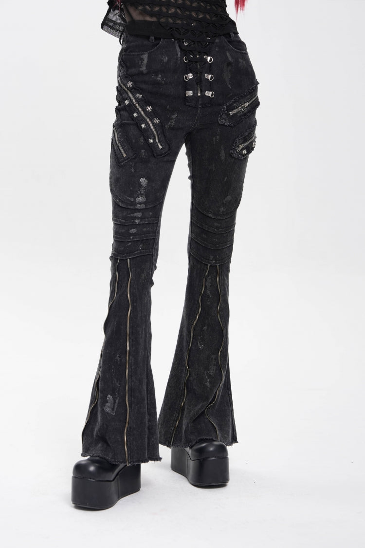 Edgy Flared Trousers with Zips and Pleats for Women - Noir
