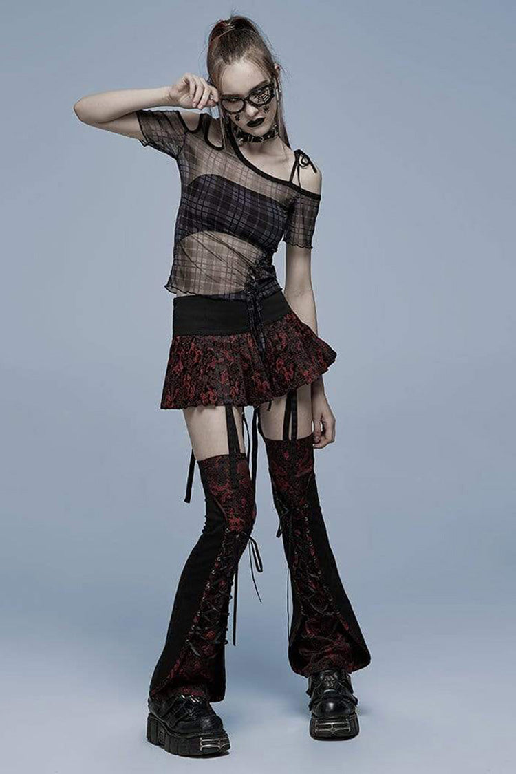 Women's Punk T-Shirt with Asymmetrical Cutout Neckline, Strap Design, Plaid Mesh