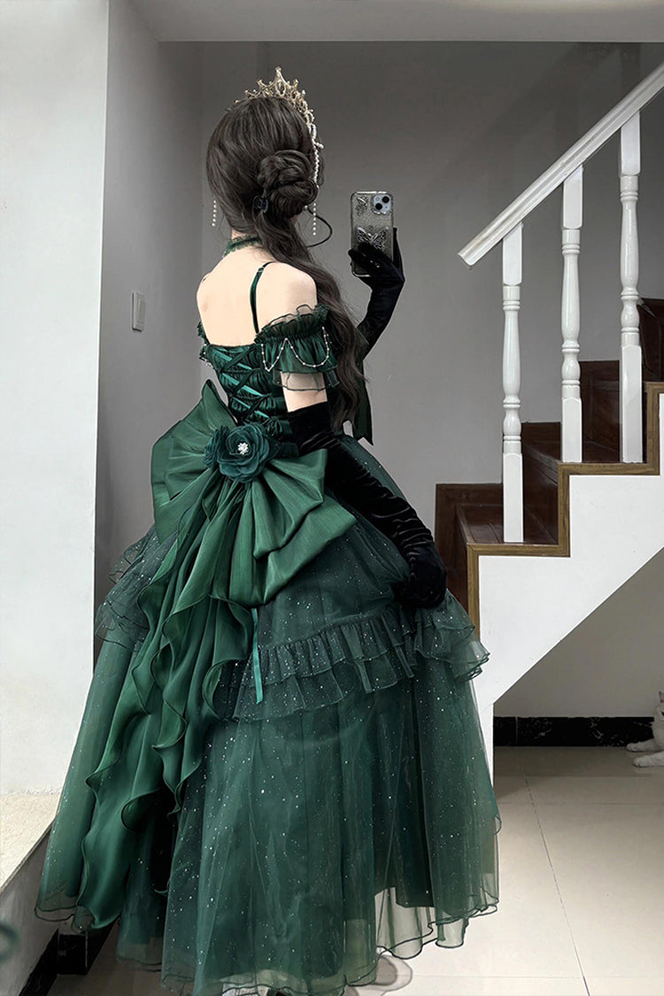 Emerald Bright Stars Off Shoulder Ruffle Bow Asymmetric Elegant Princess Lolita Gown