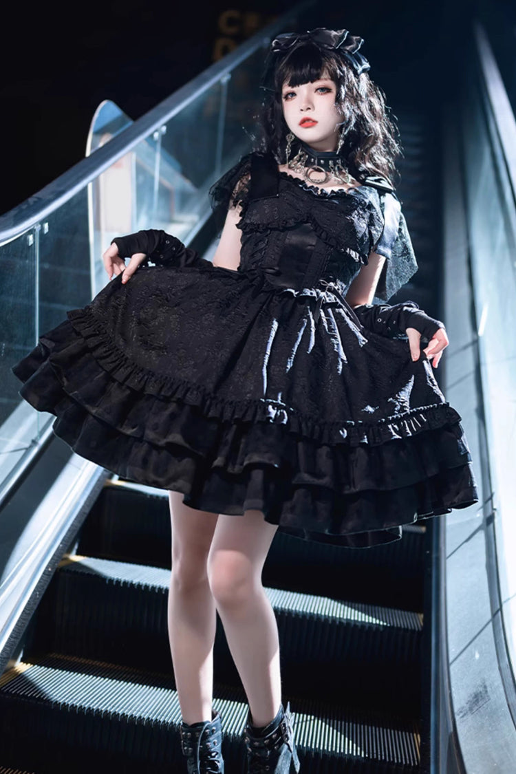 Gothic Lolita Dress with Flying Sleeves Ruffle Trim and Fishbone