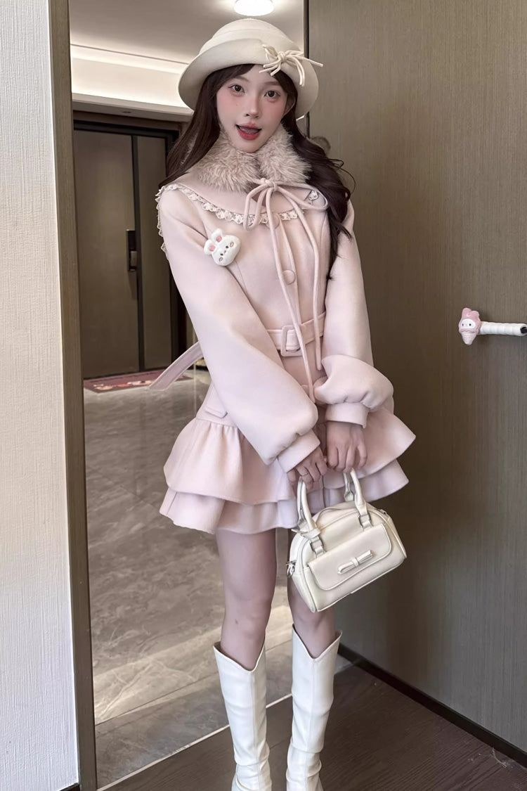 Berry Champagne Doll Collar Wool-Blend Coat, Long Sleeves Double-Layered Ruffled