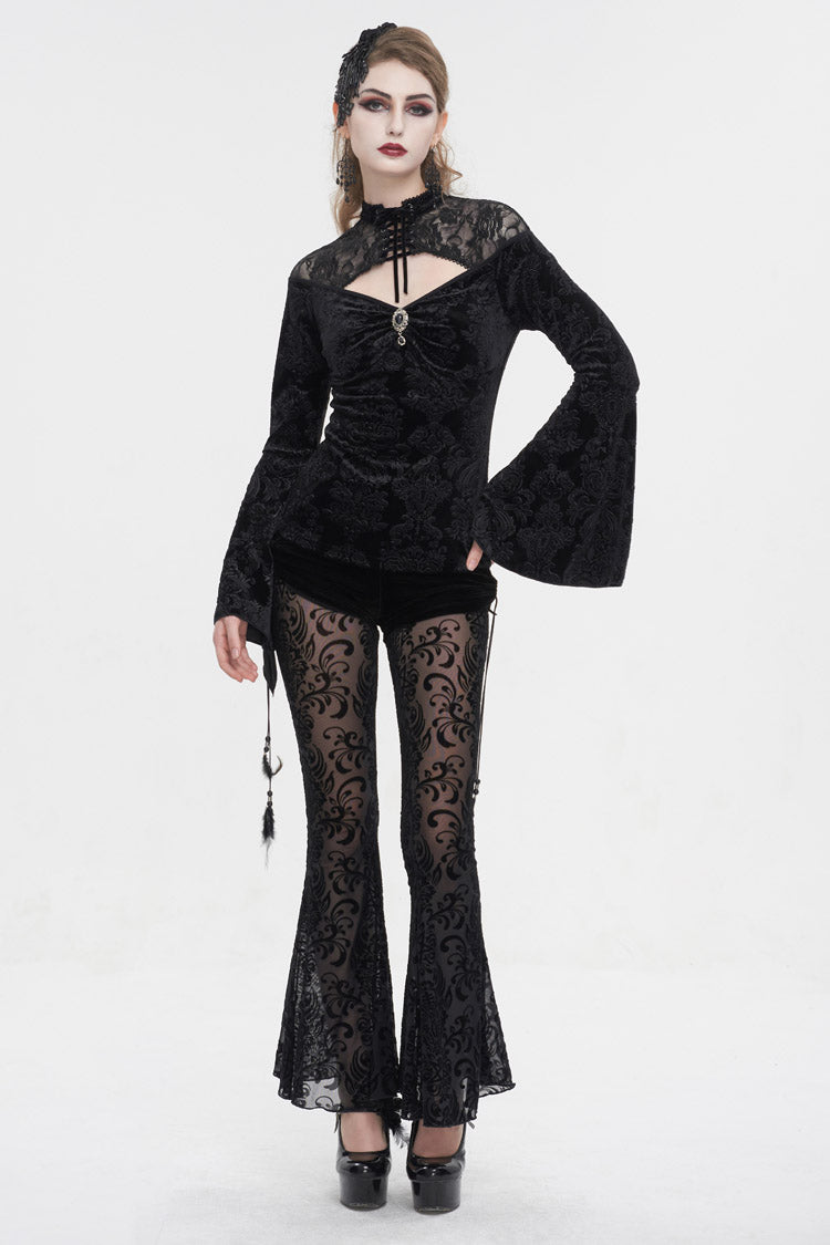 Gothic Shirt with Cutout Round Collar Flared Sleeves and Embossed Floral