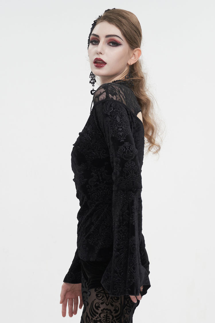 Gothic Shirt with Cutout Round Collar Flared Sleeves and Embossed Floral