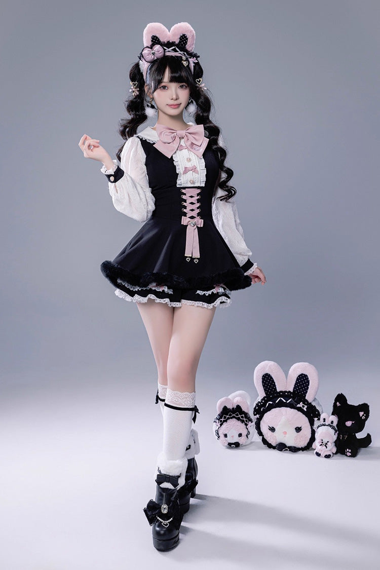 Jirai Kei Long-Sleeve Lace-Up Set with Ruffle Bow and Plush Shorts, Japanese Style
