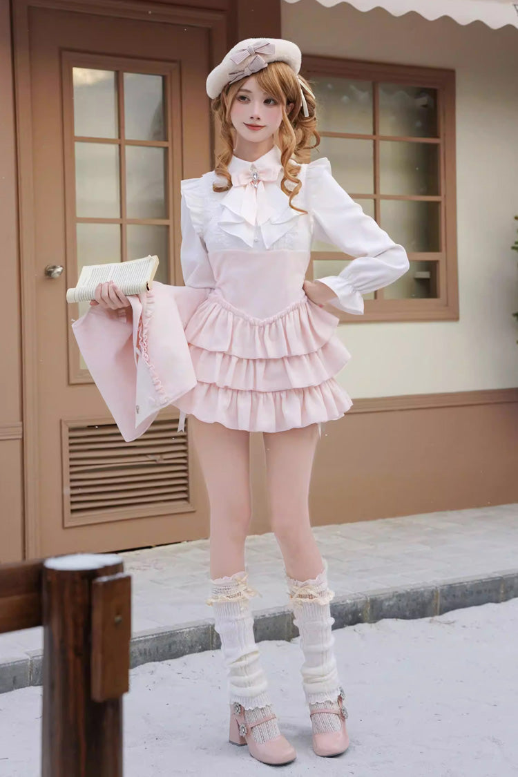 Cherry Blossom Snow Lapel Long-Sleeve Triple Ruffle Bow Faux Two-Piece Lolita Dress