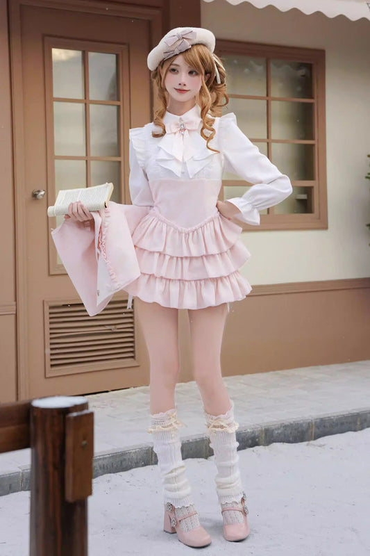 Cherry Blossom Snow Lapel Long-Sleeve Triple Ruffle Bow Faux Two-Piece Lolita Dress