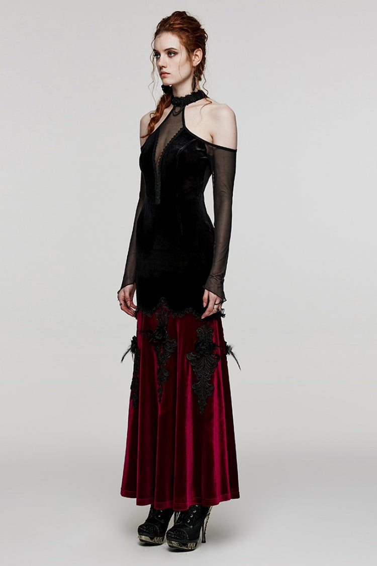 Gothic Mesh Dress with Off-Shoulder Hollow Stitching and V-Collar