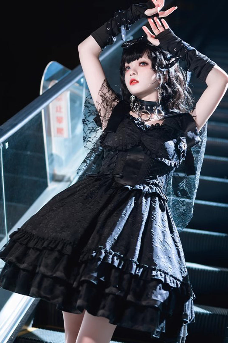 Gothic Lolita Dress with Flying Sleeves Ruffle Trim and Fishbone
