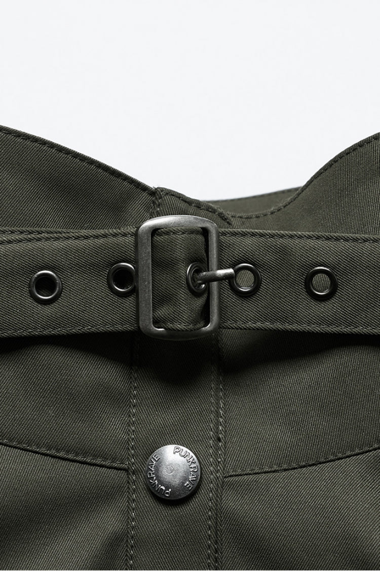 Emerald Stand Collar Long Sleeve Stitching Faux Leather Gothic Military Jacket for Women
