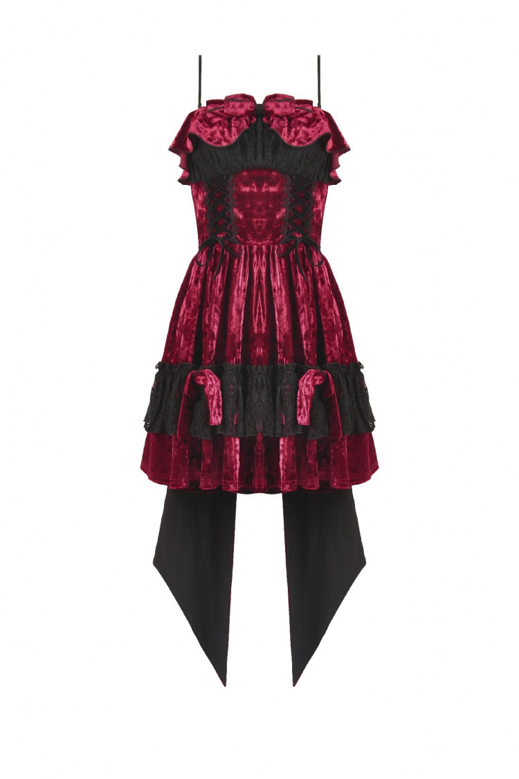 Maroon Corset Velvet Pointed-Tail Gothic Cami Mini Dress