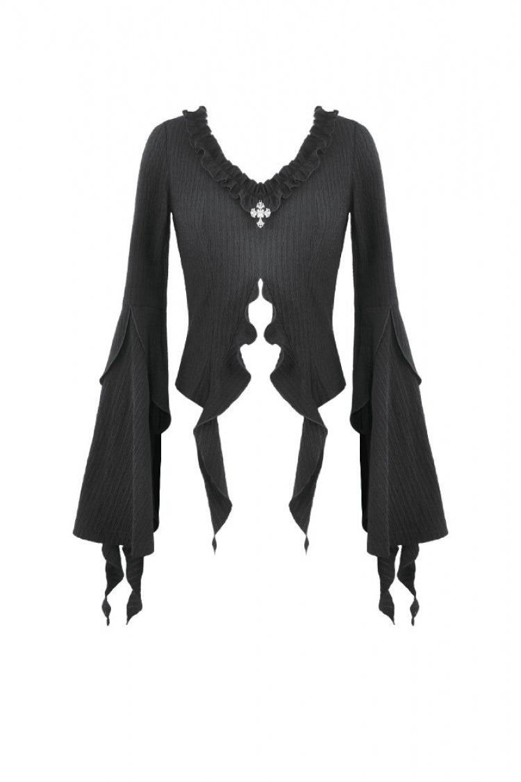 Women's Gothic Crop Top with Ruffled V-Neck, Split Trumpet Sleeves and Streamer