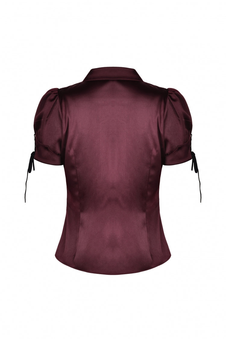 Burgundy Point Collar Short Puff Sleeve Ruffled Gothic Elegant Women's Blouse