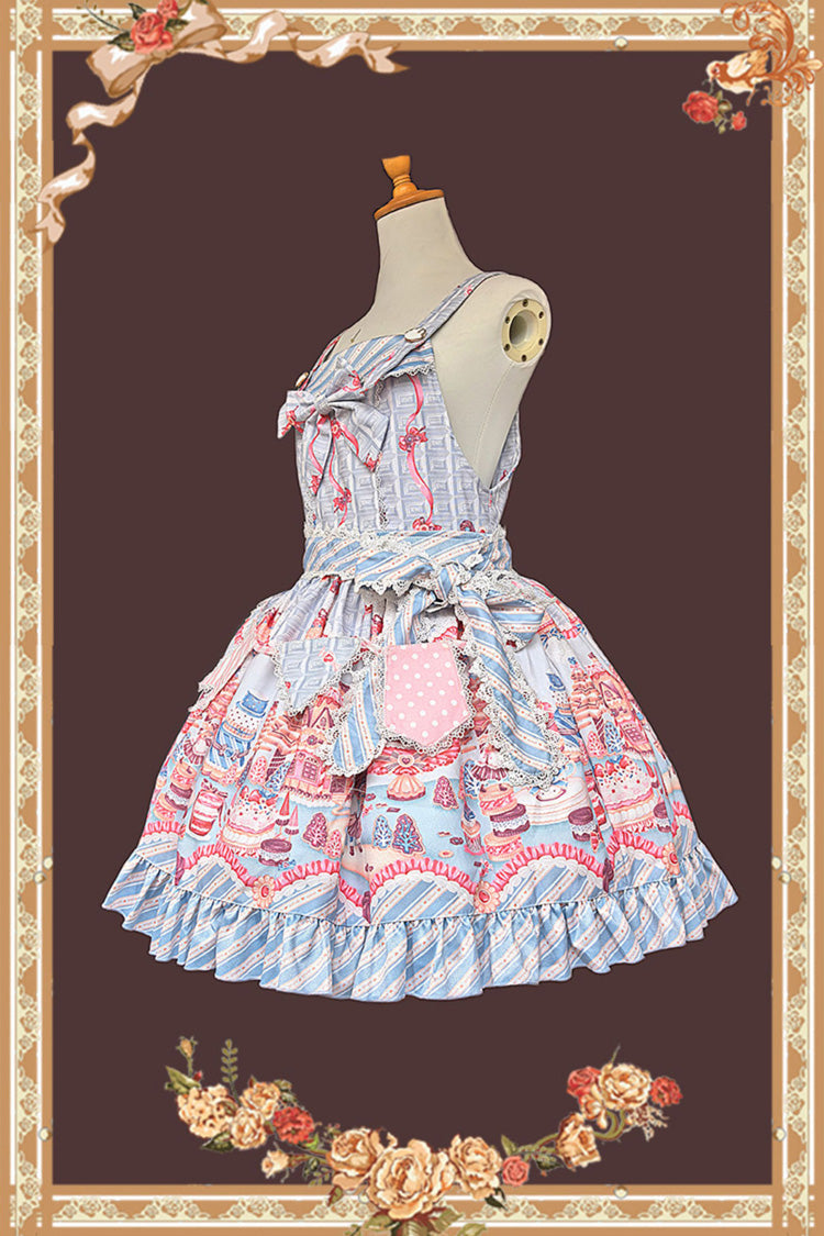 Square Collar Printed Strap Dress with Ruffles and Bow - Candy House