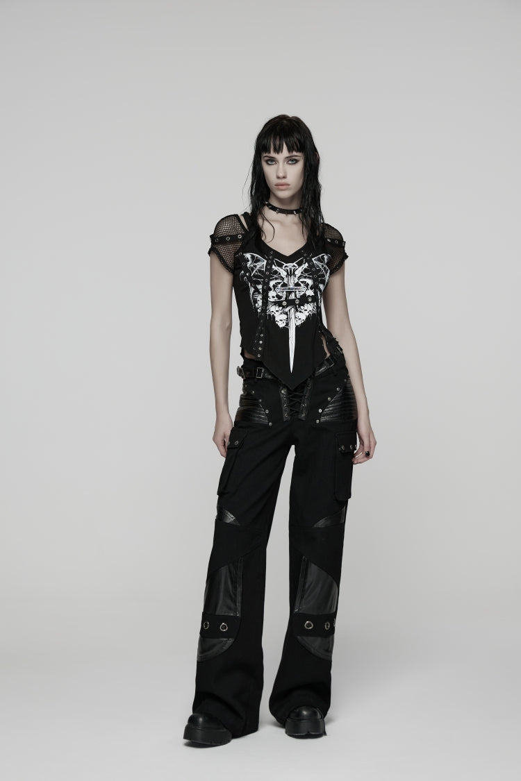 Punk Pants with Buckles and Big Pockets in Black Lace Design
