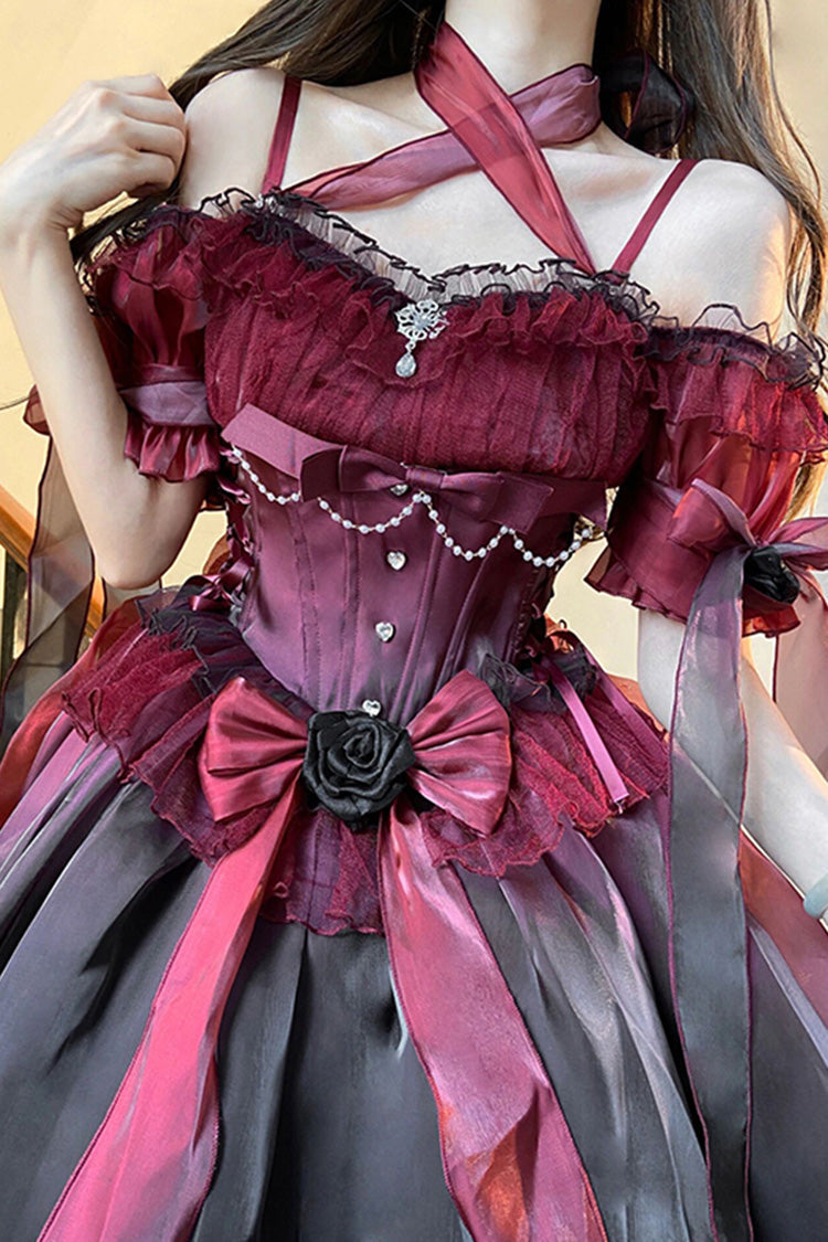 Burgundy Midsummer Dream Short Sleeve Ruffle Hanayome Off-Shoulder Gothic Mini Lolita Dress