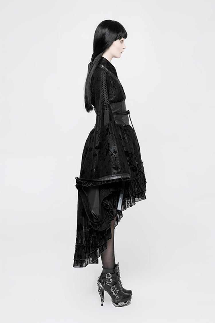 Gothic Kimono Dress with Ruffle Print, Long-Sleeve Women's Japanese-Inspired