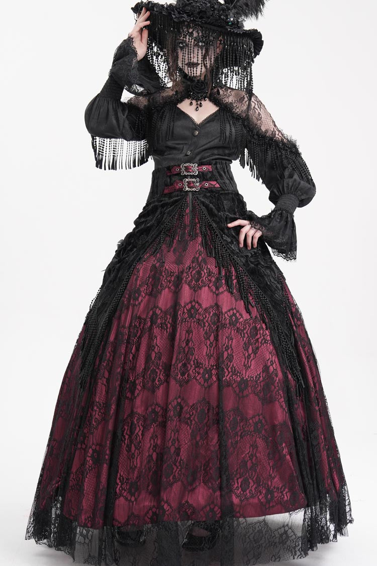 Burgundy Print Embroidery Tassel Buckle Lace-Up Gothic Long Skirt