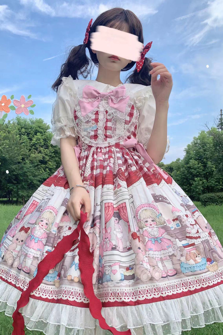 Burgundy Plush Bear and Doll Print JSK with Lace Accents