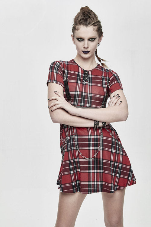 Crimson Stretchy Plaid Gothic Dress with Chain Details
