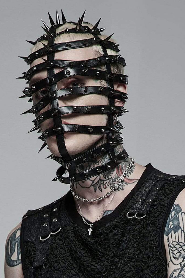 Men's Steampunk Face Mask with Metal Cone Rivets and Cross Accent