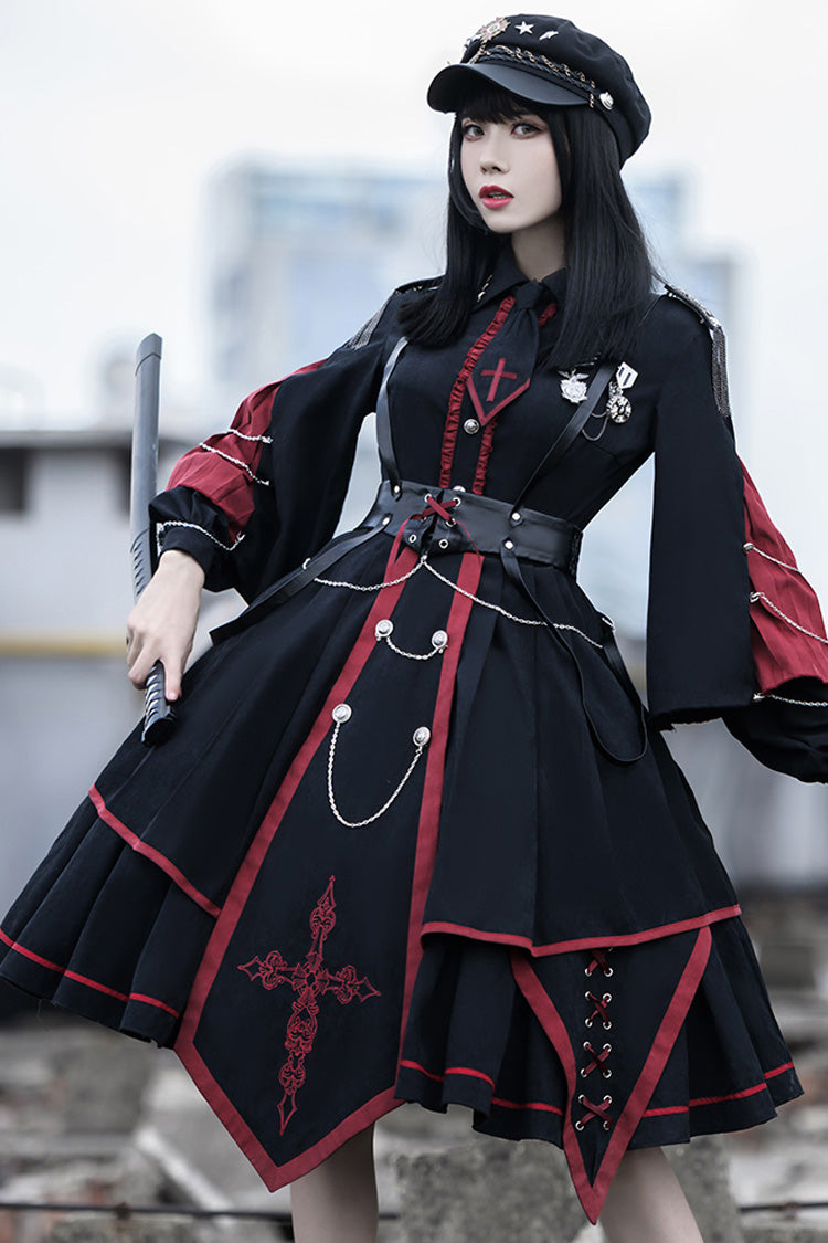 Crimson & Noir Long Sleeve Punisher Military Asymmetric Gothic Lolita Full Set