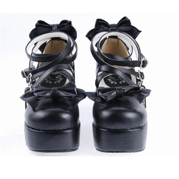 Lolita Bow Cross Strap Shoes in Black Synthetic Leather