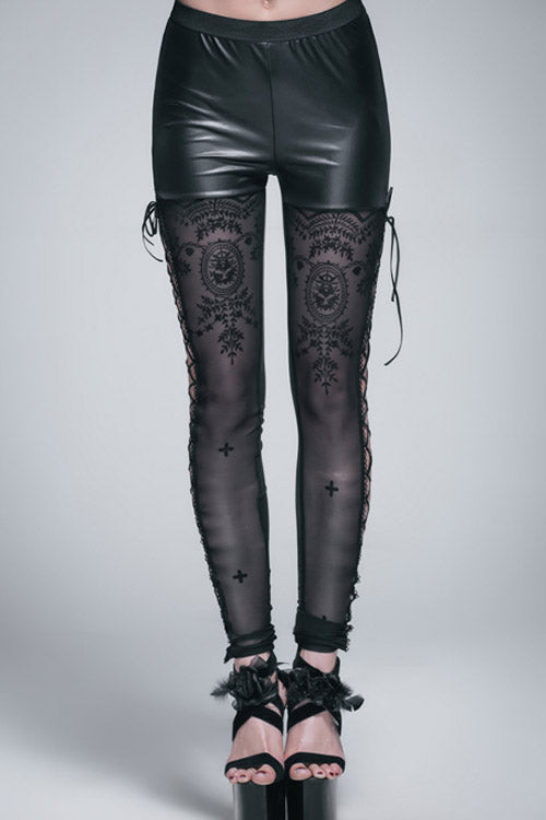 Lace-Up Floral Mesh Leggings with Side Cutouts