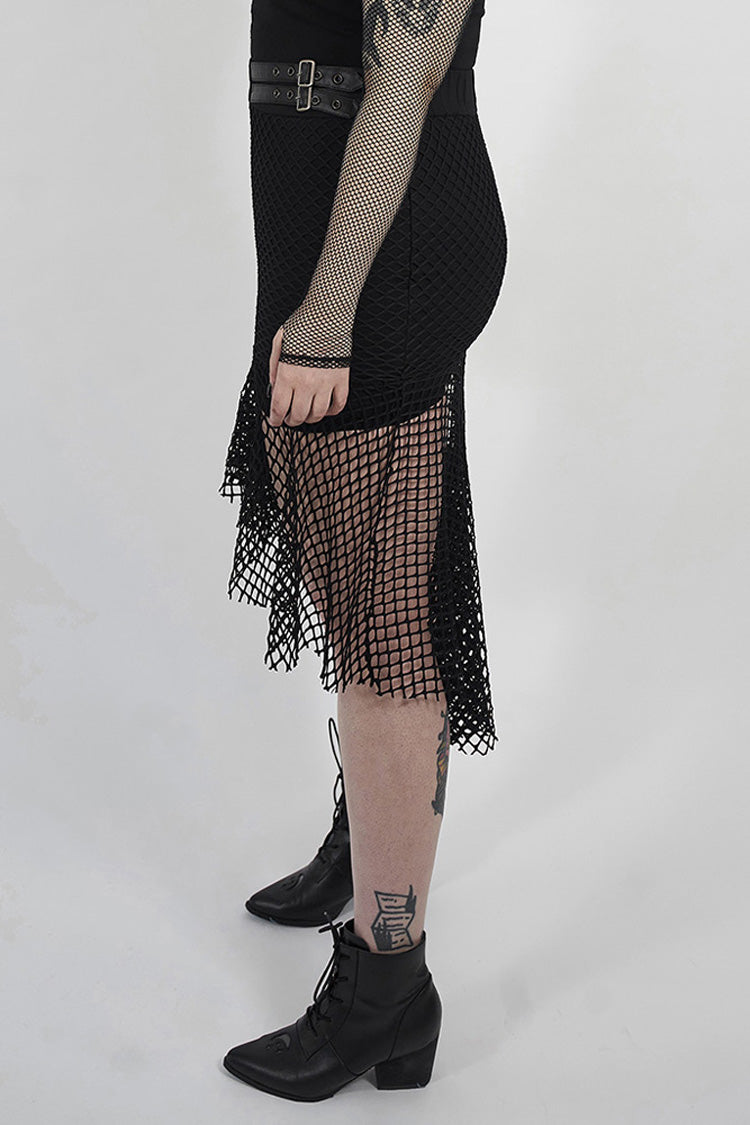 Fishtail Knit Skirt with Leather Clasps and Mesh Panels