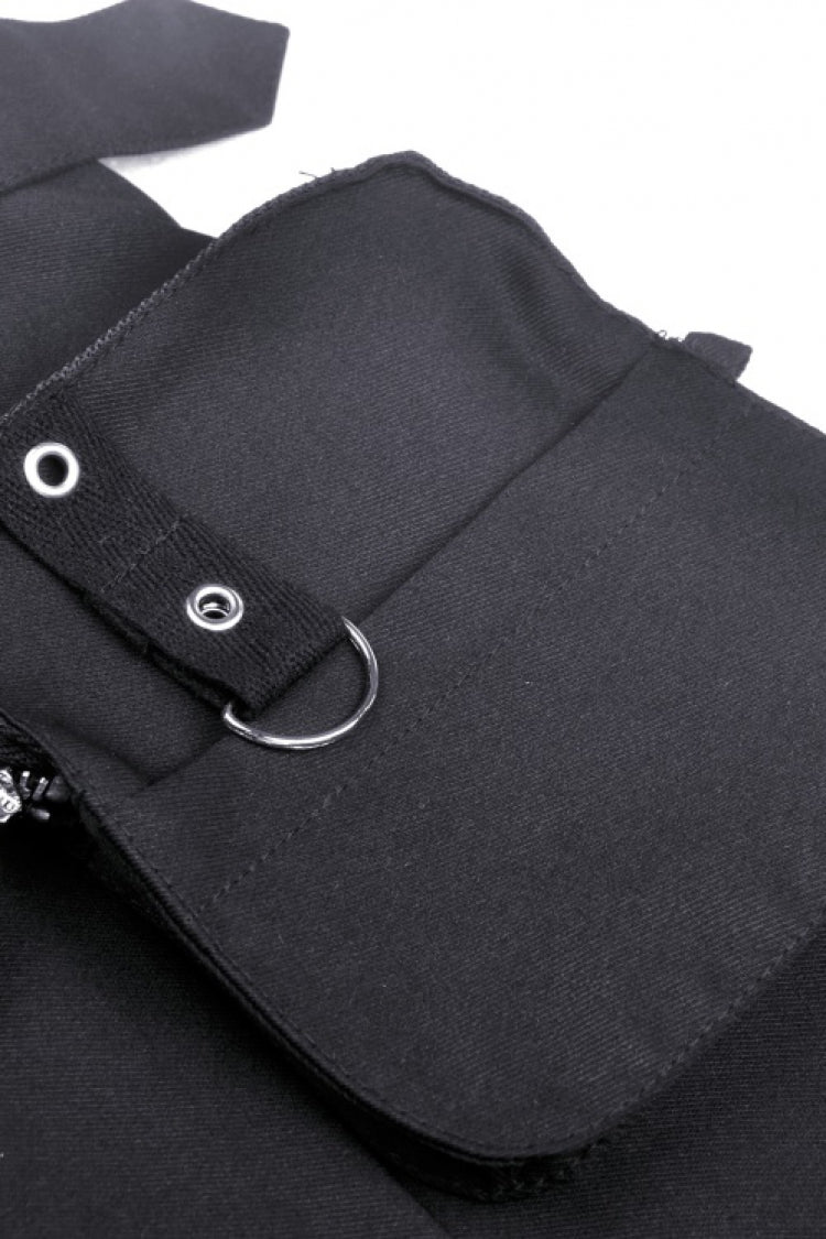 Jet-Black Chain-Trimmed Pleated Mini Skirt with Waistbelt